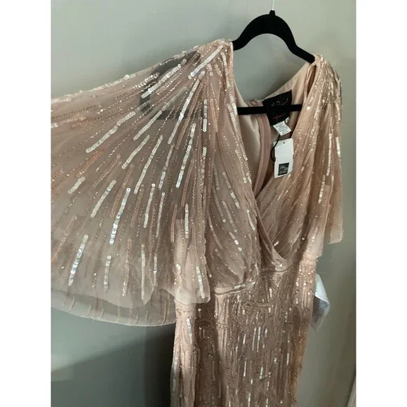 Mac Duggal Blush Pink Embellished Cap Sleeve Faux Wrap Trumpet Gown Dress 14 - Picture 8 of 13